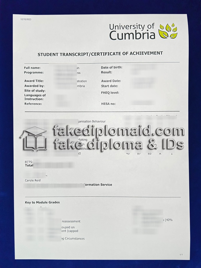 University of Cumbria Transcript